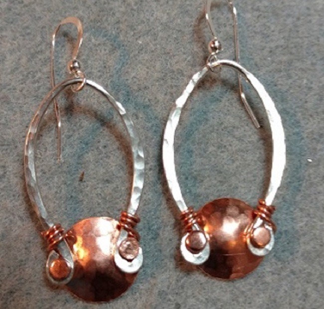 Hand Hammered Sterling Silver Earrings with a Copper Cap