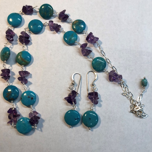 Wrapped Turquoise discs and Amethyst Chips in Sterling Silver