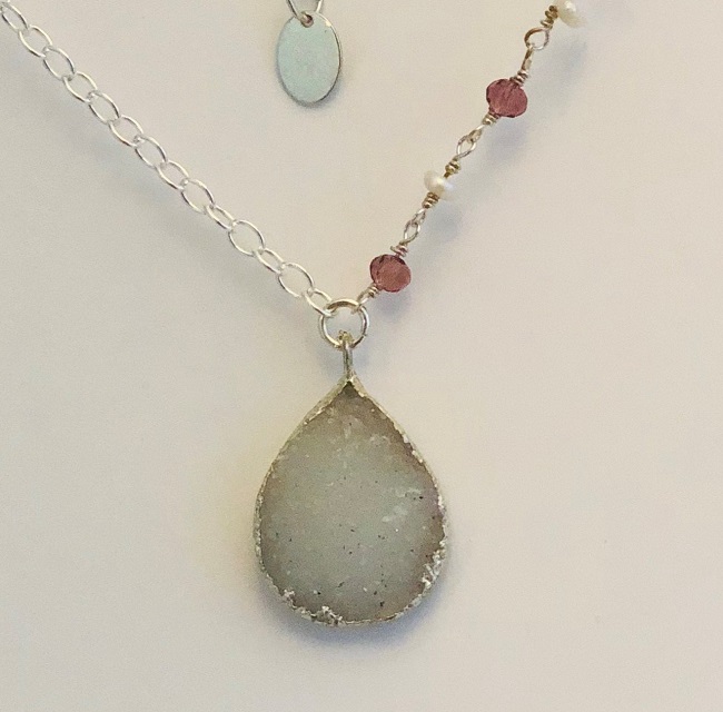  Druzy Agate Teardrop Pendant Necklace in Sterling Silver