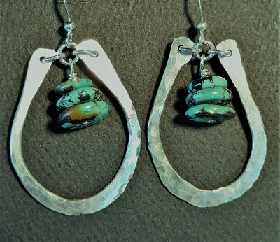 Free Form Hand Hammered Sterling Silver Earrings with Turquoise Drops