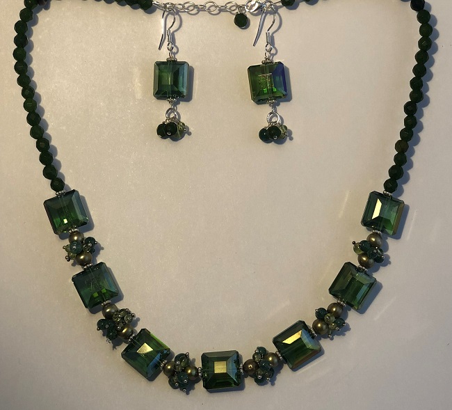 Moldavite, Fresh Water Pearls, Jade and Prehnite Gemstone Jewelry Set