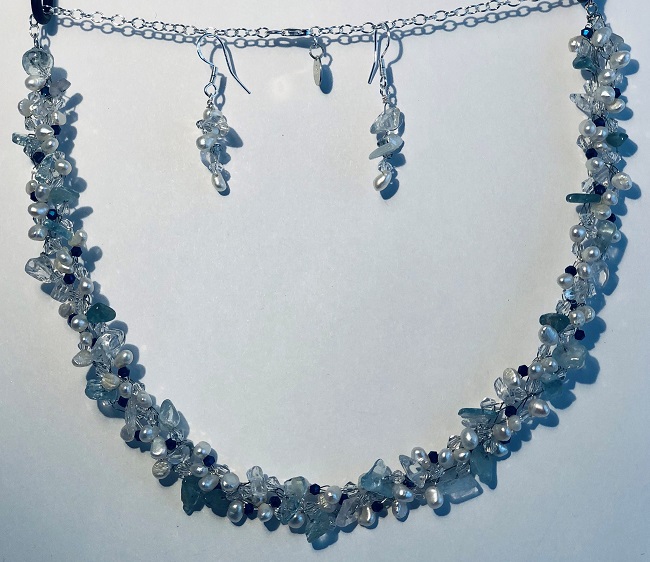 Crochet Fresh Water Pearls, Aquamarine Gemstone and Crystal Jewelry Set